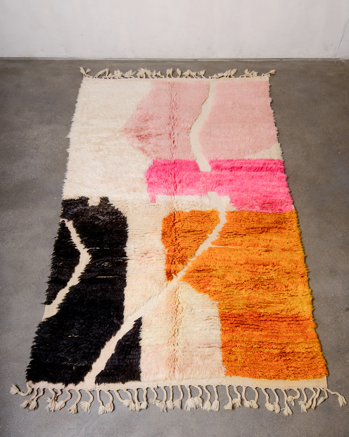 Modern, designer, handcrafted Berber rug from Morocco. Vintage carpet with beautiful colours and patterns and fluffy texture.